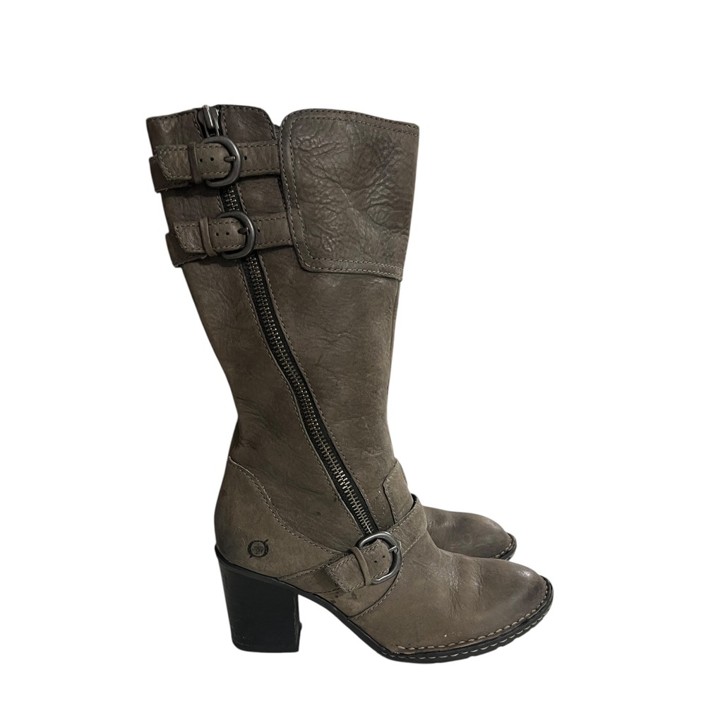 Born Tall Leather Moto Boots Gray Brown Buckle Zip Block Heel Women's 8.5 - Picture 4 of 9